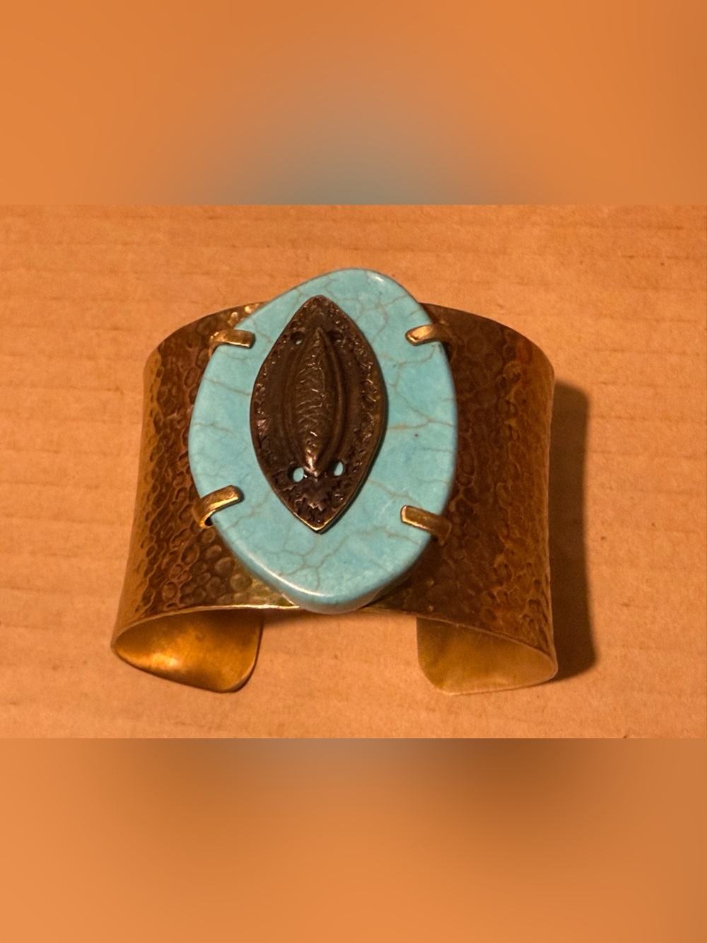 Faux Turquoise Stone Hammered Brass Cuff Bracelet - Women Jewelry